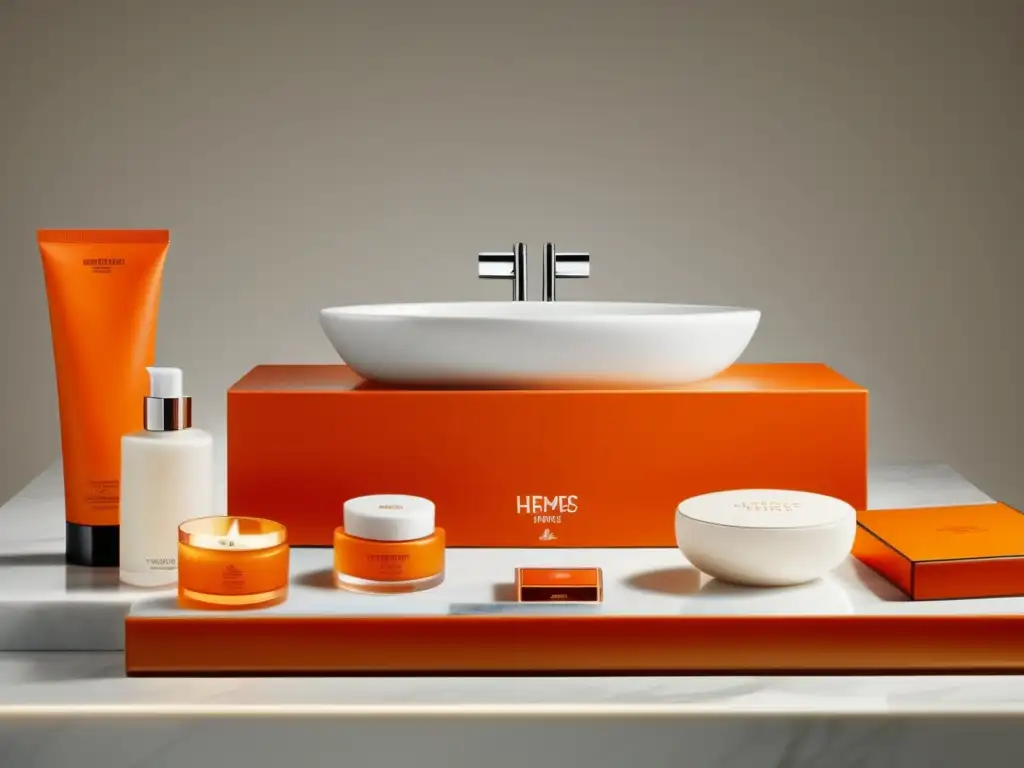 Tendencias elegancia masculina Hermès: productos de belleza y cuidado personal en un baño moderno de mármol