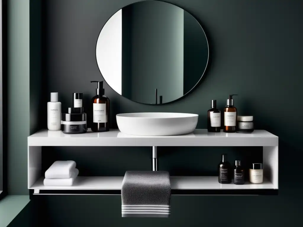 Equilibrio hormonal y estilo masculino: Un elegante y moderno setup de cuidado y moda masculina en un baño minimalista con iluminación natural