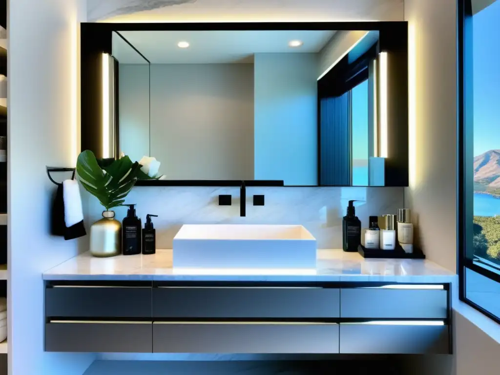 Consejos para un estilo madureño actualizado: Vanidad de baño moderno con encimera de mármol blanco, lavabo incorporado y grifo cromado