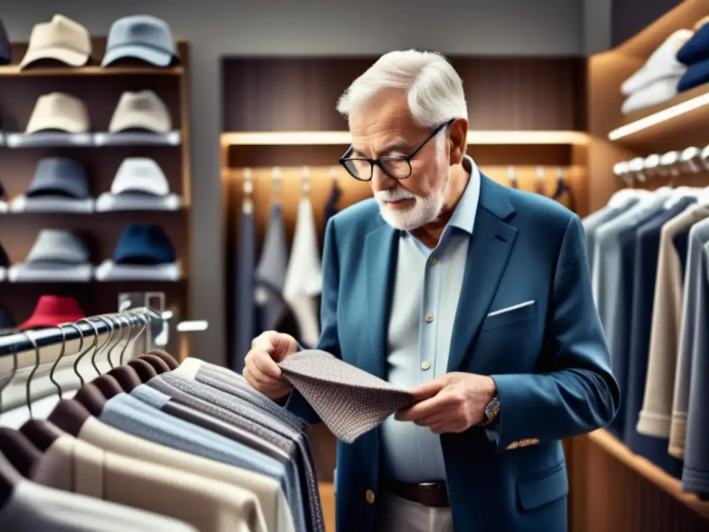 Ropa interior masculina para tercera edad en tienda moderna y elegante, hombre mayor explorando opciones cómodas y a la moda