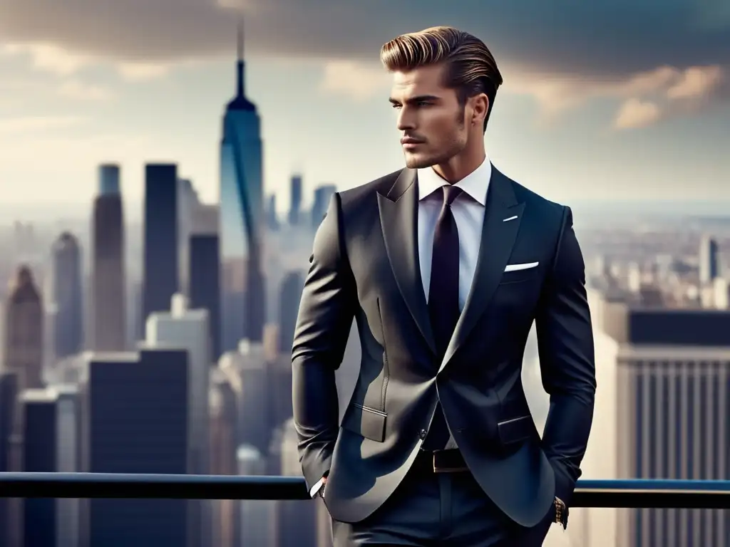 Importancia imagen moda masculina: modelo atractivo en traje elegante, rodeado de ciudad, refleja influencia de la publicidad, sofisticado y elegante