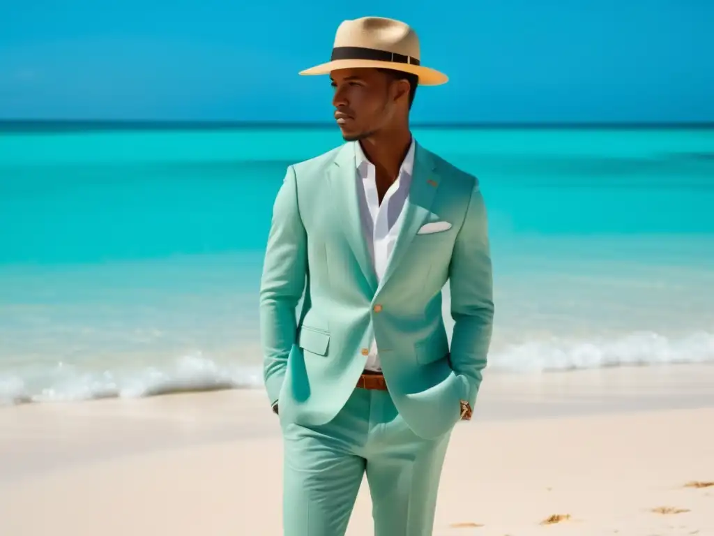 Moda masculina playa verano: joven elegante en playa con traje lino, camisa blanca y sombrero panamá