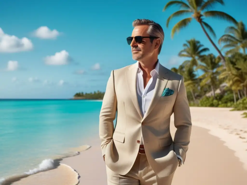 Hombre elegante en traje de lino beige en una playa tropical, con agua turquesa y palmeras (Guía estilo vestir verano hombre)