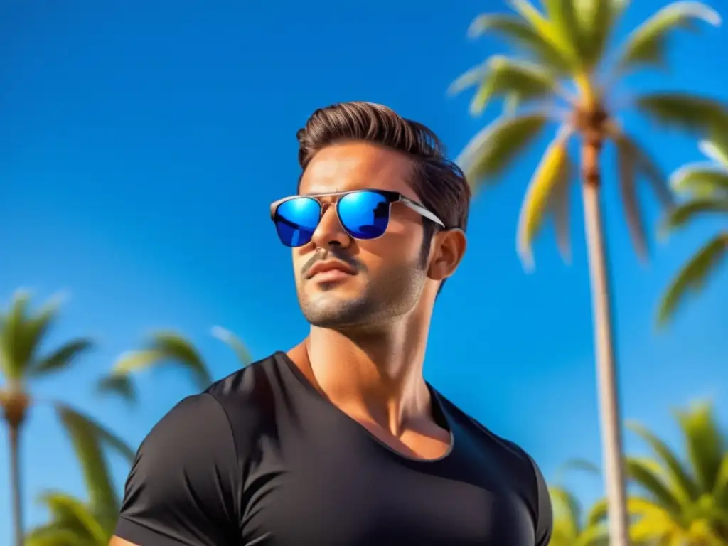 Hombre estiloso con gafas de sol negras, reflejando la esencia del verano - Accesorios verano hombre estilo fresco