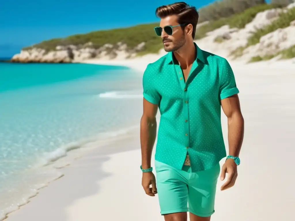 Consejos moda playa verano: modelo masculino con atuendo vibrante, accesorios elegantes y espadrilles modernas