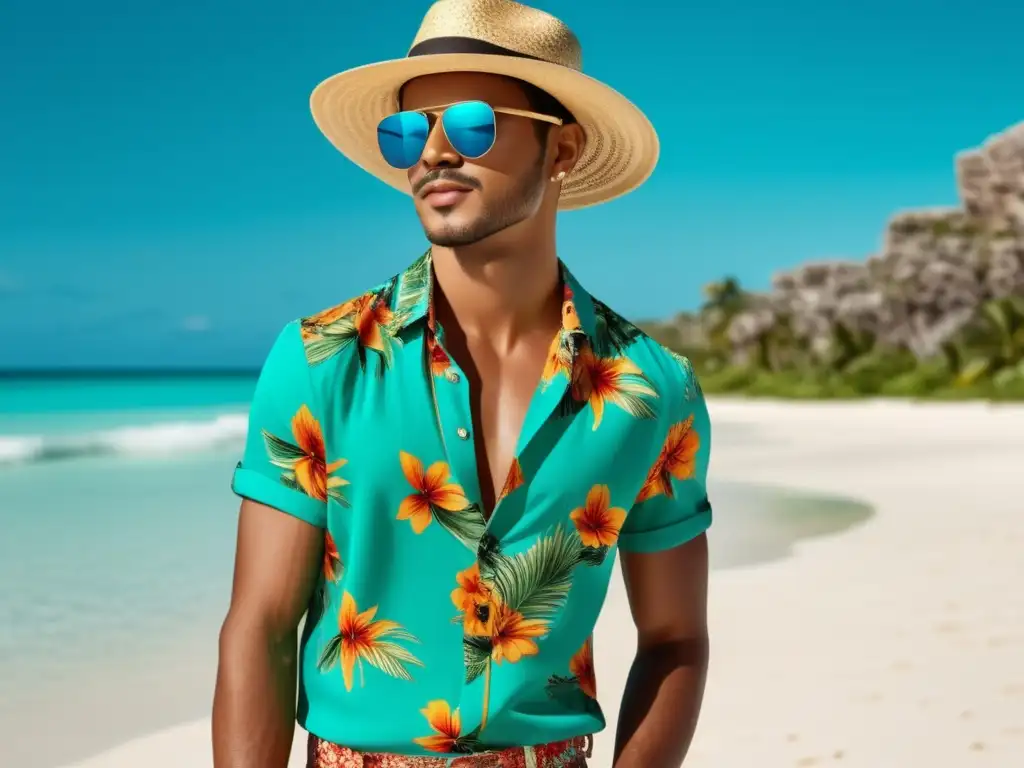 Modelo masculino en traje de verano juvenil en playa paradisíaca - Tendencias moda masculina verano juvenil