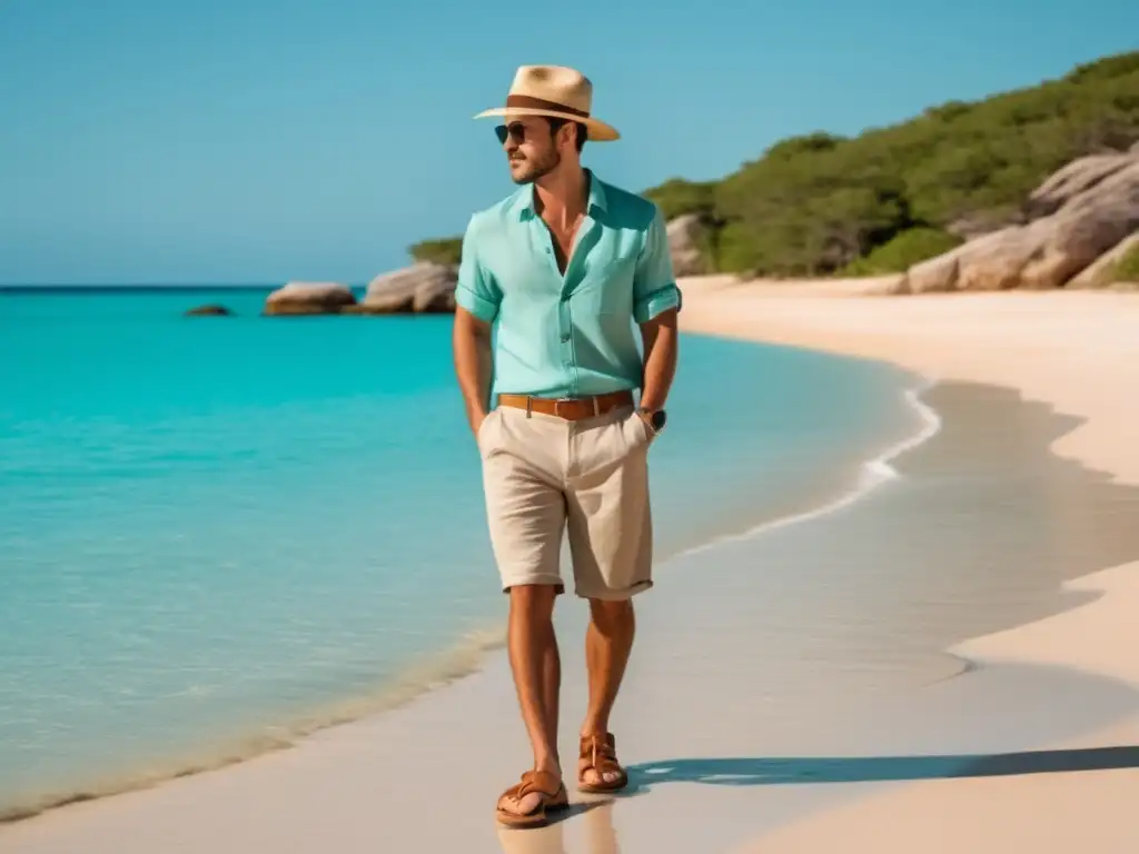 Hombre elegante en playa de aguas turquesas