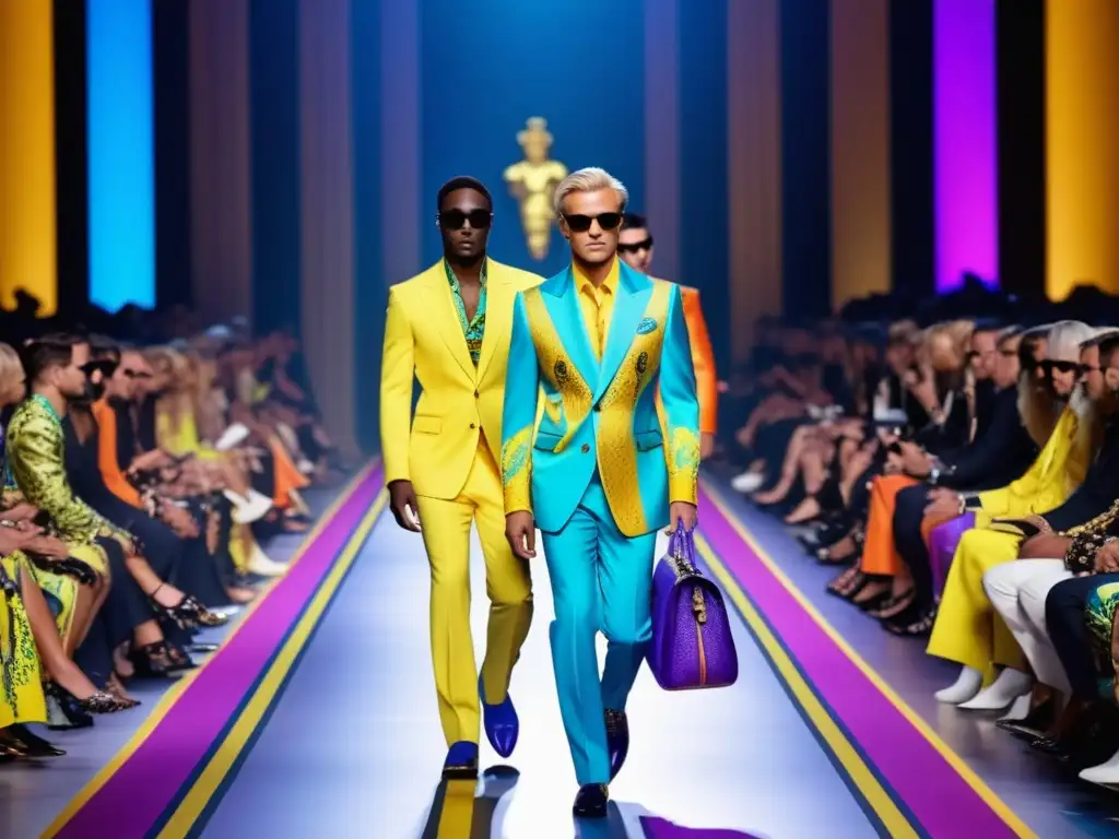 Moda masculina Versace: Desfile audaz y lujoso en una pasarela de colores vibrantes y patrones atrevidos