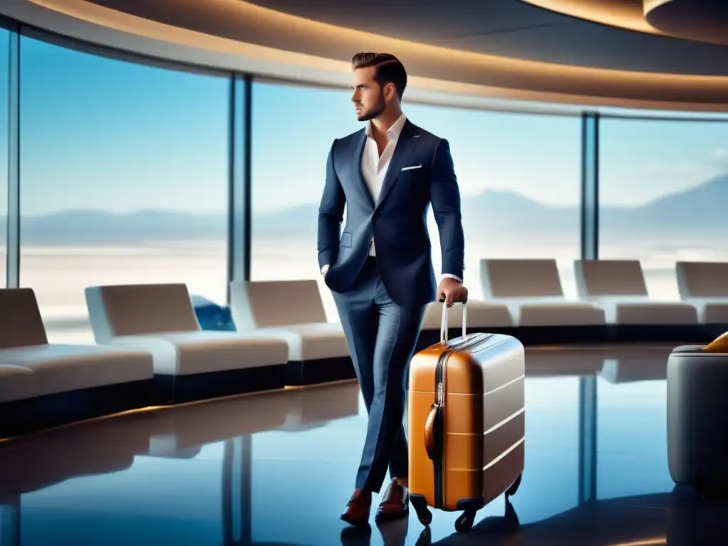 Hombre elegante en aeropuerto con maleta moderna y destino exótico