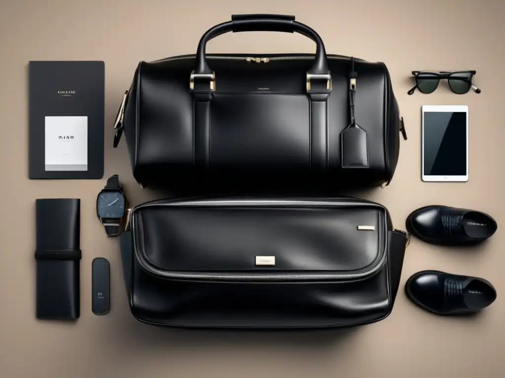 Imprescindibles equipaje hombre moderno: bolsa de viaje de cuero negro de alta calidad con accesorios plateados, organizada y elegante