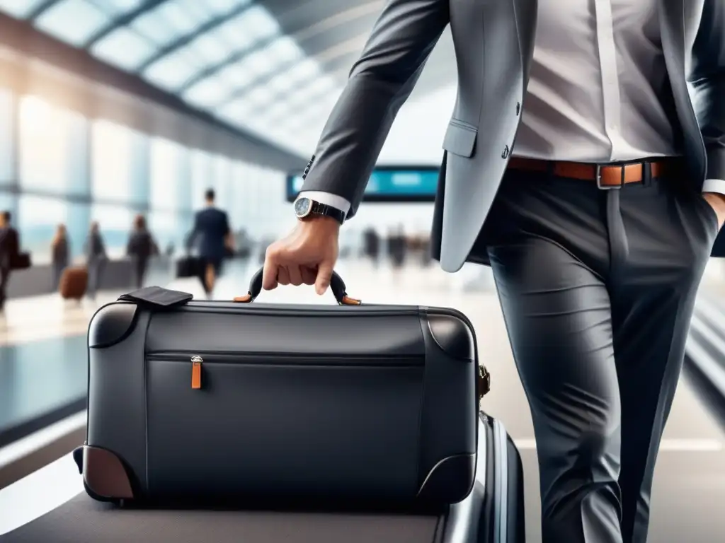 Maleta de viaje elegante y moderna Equipaje de calidad para hombres viajeros - Imagen de maleta moderna y elegante con un hombre alcanzando el asa