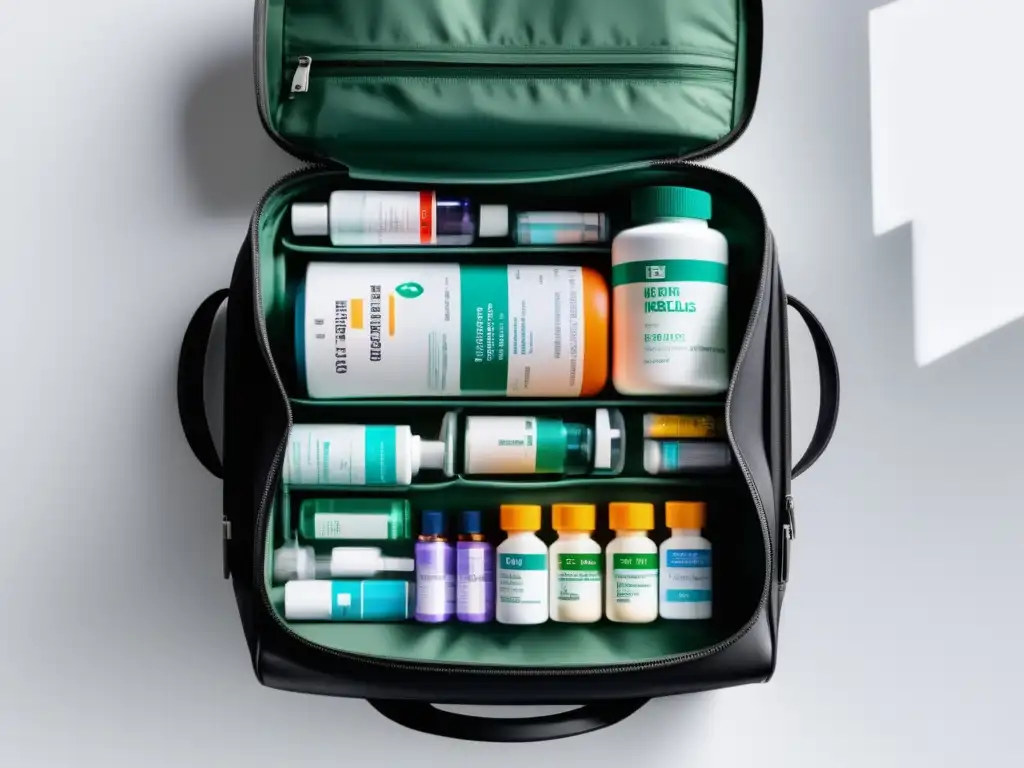 Bolsa de viaje moderna con organización médica Imprescindibles para viajero moderno: Bolsa de viaje 8k con compartimentos organizados para medicamentos, botiquín y analgésicos