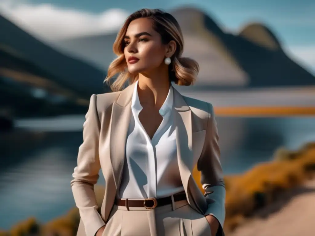 Viajera elegante frente a paisaje urbano Consejos para viajar con estilo: mujer elegante posando frente a un paisaje urbano al atardecer