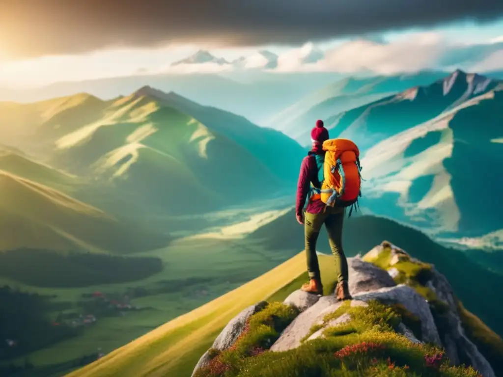 Aventurero en la cima, rodeado de paisaje- Mochilero en montaña: consejos para mantener estilo viajes #SEO