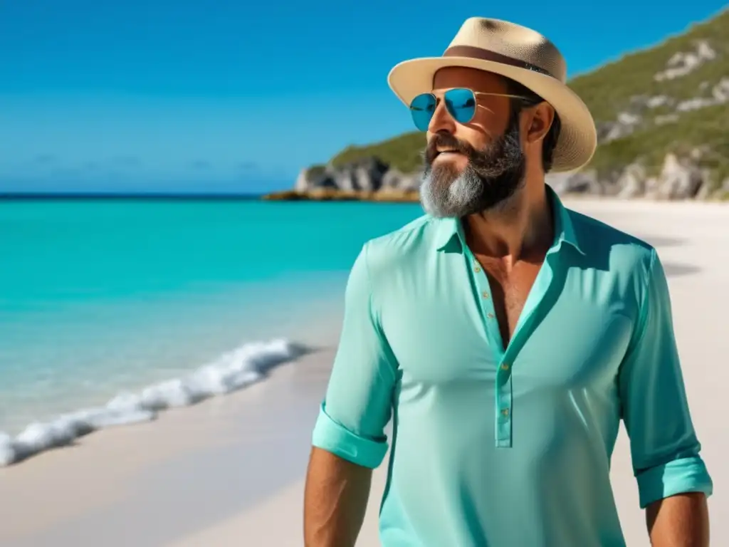 Hombre moderno en playa, productos piel hombre viaje