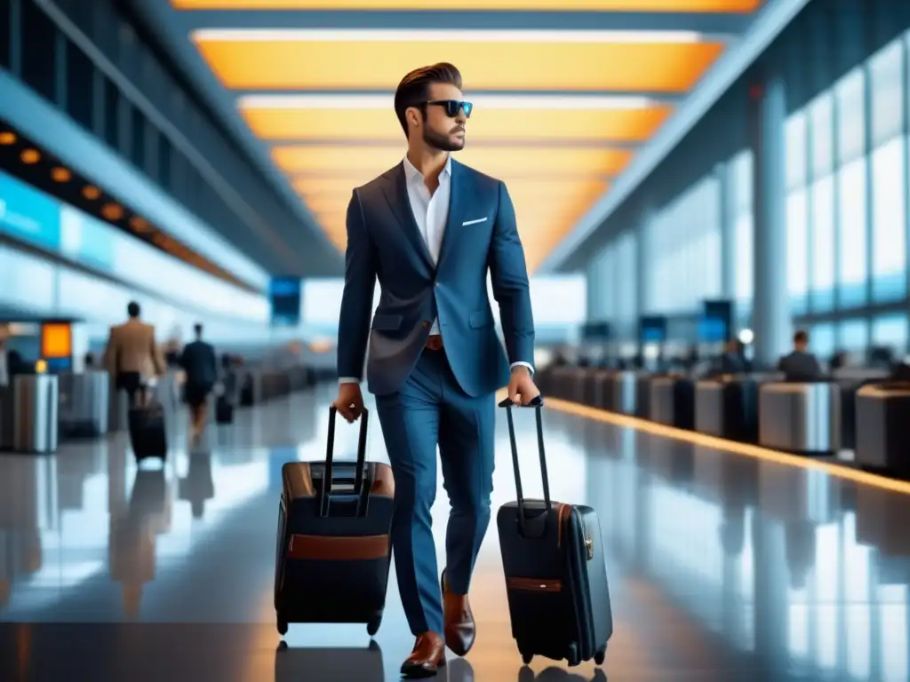 Un elegante viajero de negocios en un aeropuerto moderno y vibrante