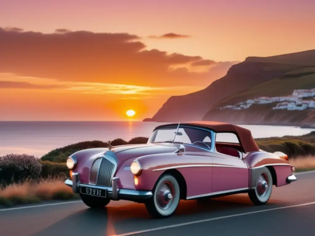 Un viajero elegante capturando el atardecer en un coche vintage en una pintoresca carretera costera