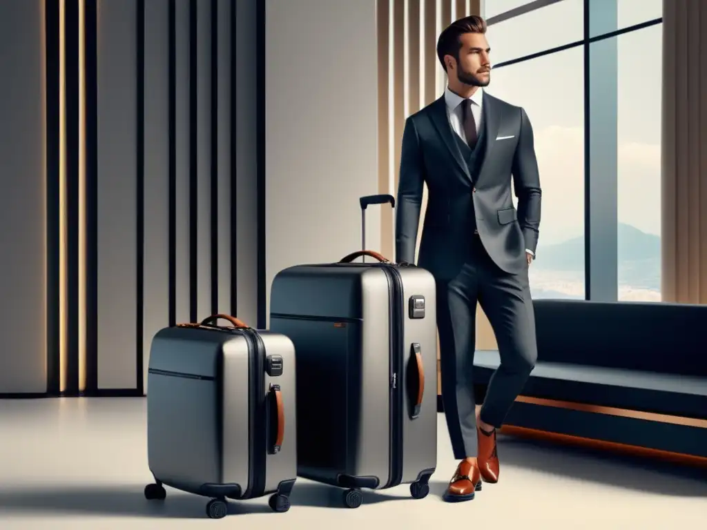 Viajero elegante con moderno juego de equipaje Cuidado equipaje viajeros estilo: imagen detallada 8k, viajero elegante junto a set moderno en habitación iluminada