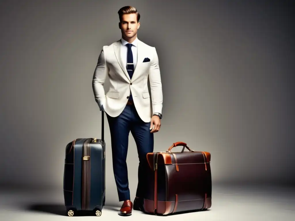 Hombre moderno elegante en viaje con trucos de embalaje