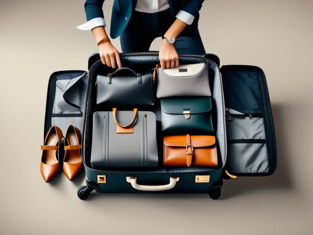 Viajero organizado con maleta elegante Consejos para viajar con estilo: Imagen de viajero elegante frente a maleta organizada