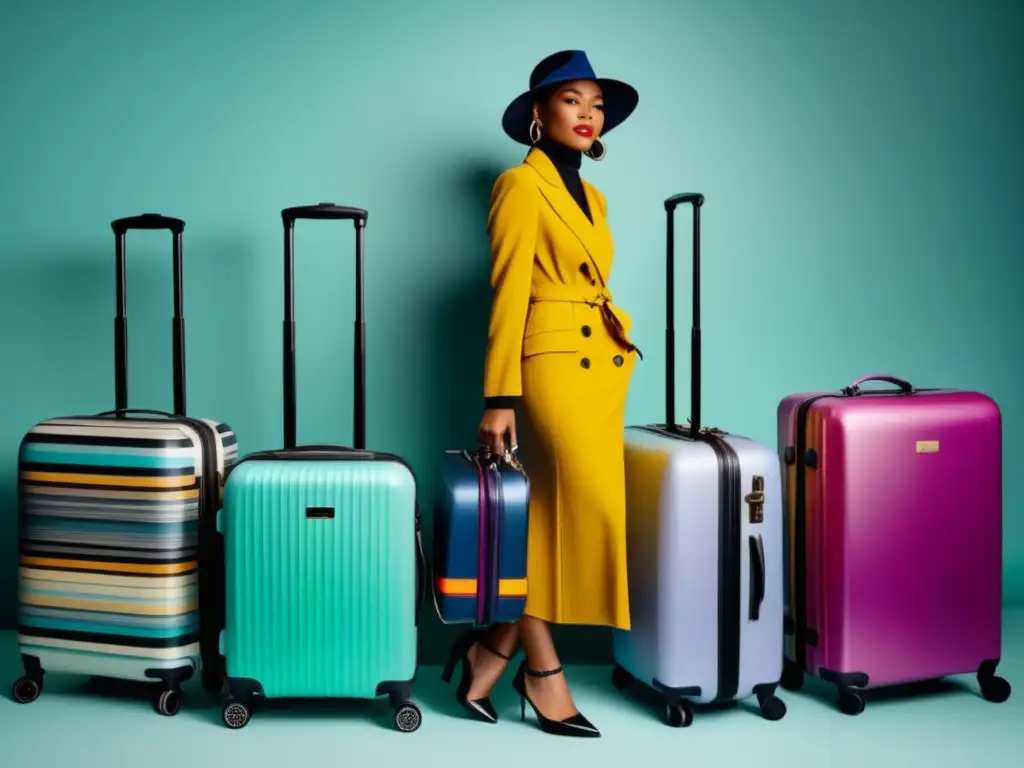 Viajero elegante con maletas coloridas Consejos para viajar con estilo: viajero elegante frente a maletas coloridas