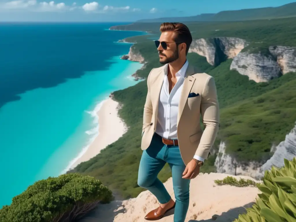 Consejos para viajar con estilo: Viajero elegante en acantilado con playa turquesa