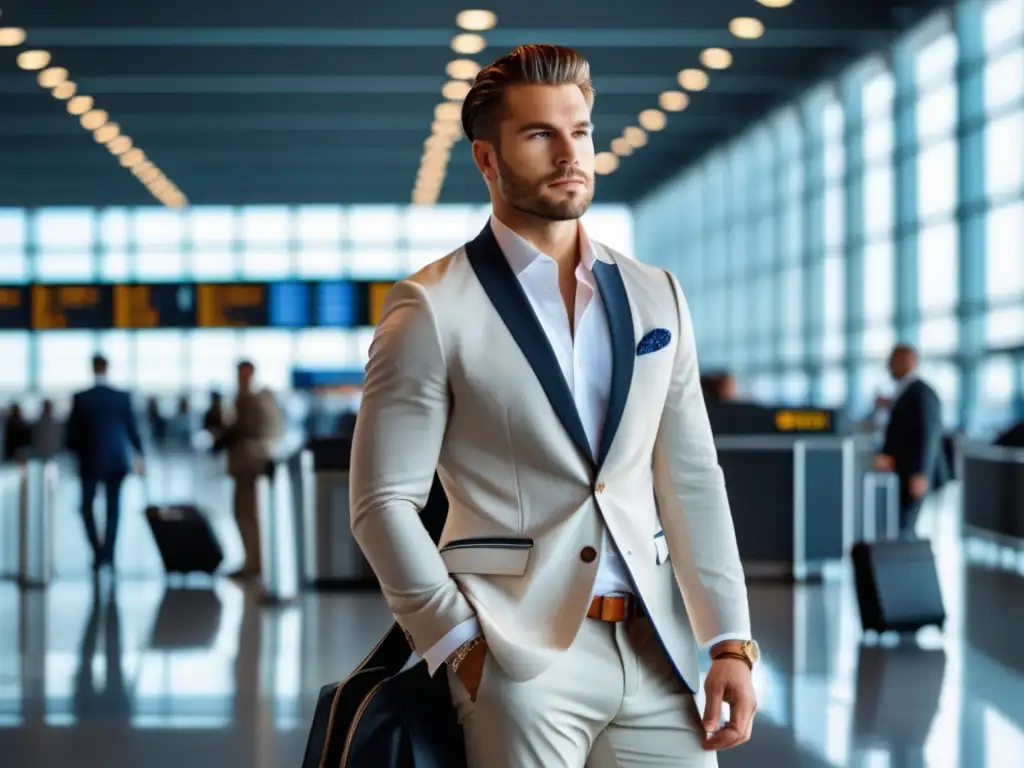 Hombre elegante en aeropuerto, con consejos de viaje para hombres