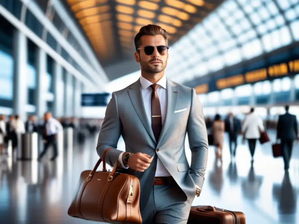 Hombre elegante en aeropuerto Hombre elegante en aeropuerto con estilo y sofisticación - Cómo evitar el jet lag masculino