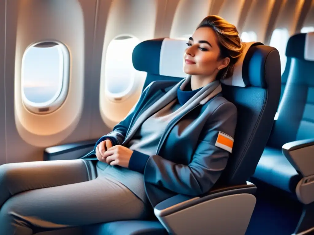 Viajero elegante en avión con ropa cómoda para vuelos nocturnos