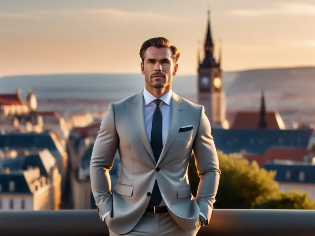 Ropa de viaje elegante para hombres en ciudad europea