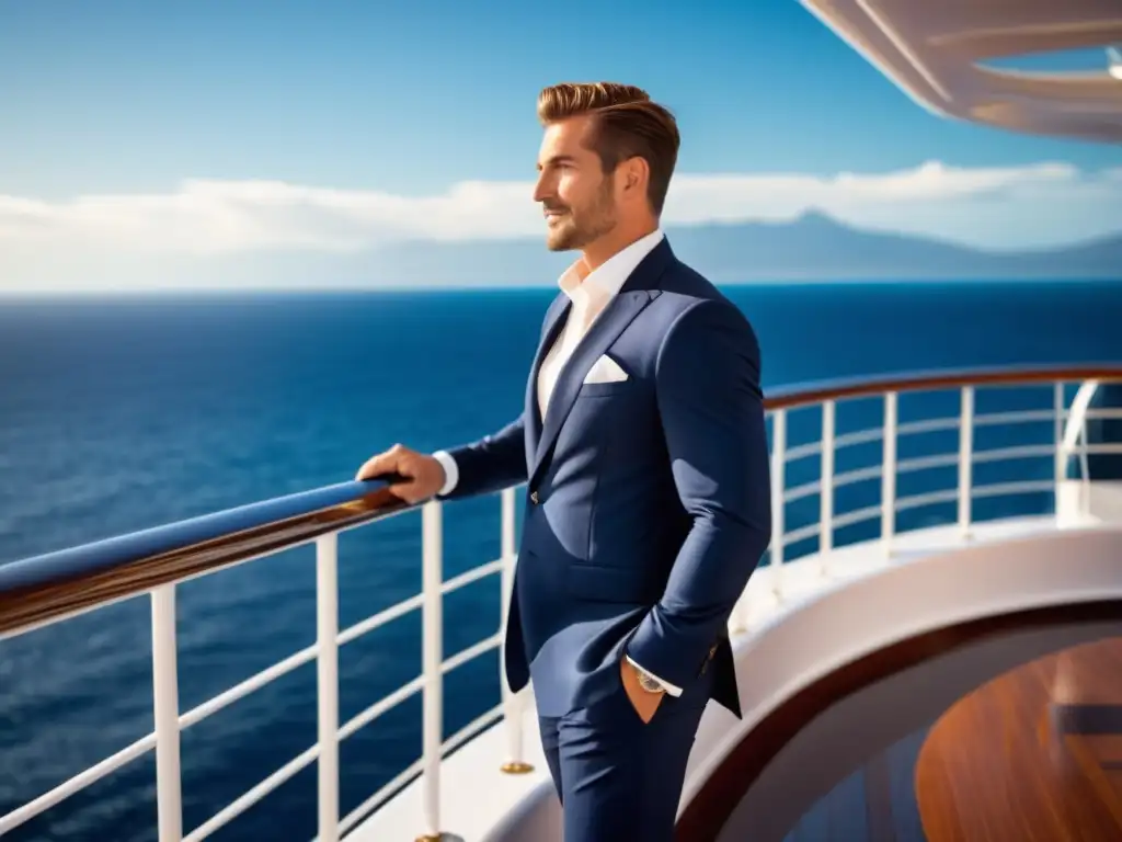 Ropa masculina para crucero elegante: viajero elegante en el muelle de un lujoso barco, admirando el mar