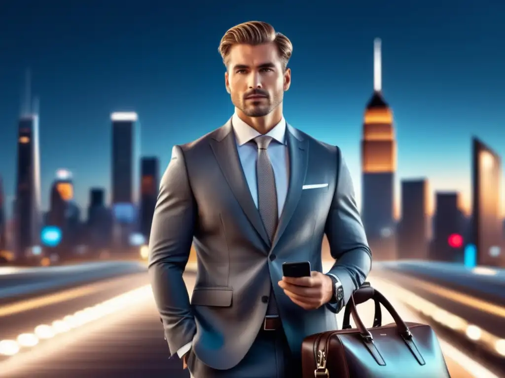Empresario elegante en ciudad vibrante Hombre elegante con maleta y smartphone en ciudad, consejos de viaje productivo masculino