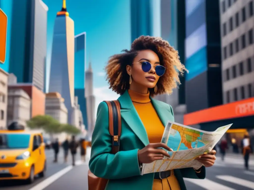 Viajero elegante en una ciudad vibrante Consejos para viajar con estilo: viajero seguro y sofisticado en vibrante calle urbana