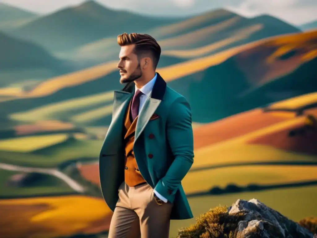 Viajero elegante en la montaña Consejos de moda masculina para viajar: Viajero elegante en paisaje impresionante