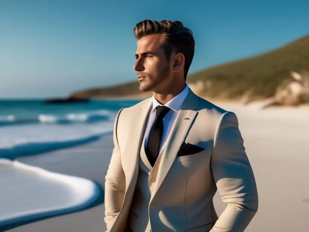 Viajero elegante en playa paradisíaca Consejos moda hombre playa: Viajero elegante en traje beige, camisa blanca y corbata negra, contemplando horizonte en playa paradisíaca