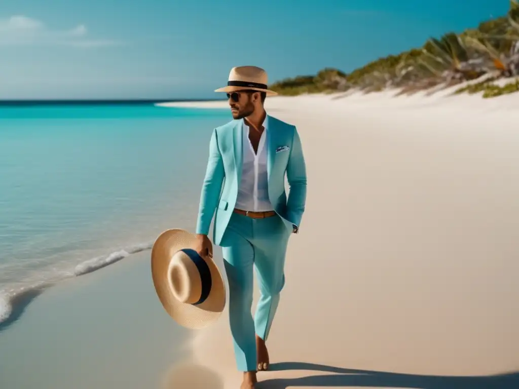 Un elegante viajero en una playa de ensueño, con agua turquesa y una moda masculina impecable