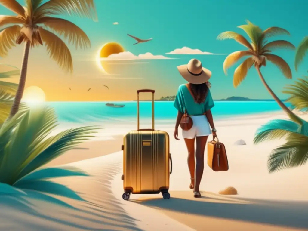 Consejos para viajar ligero con estilo: Viajero en una playa paradisíaca con maleta compacta y diseño elegante