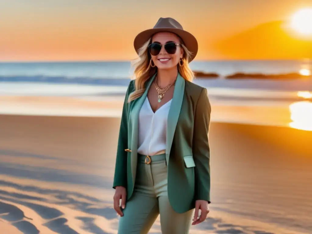 Un viajero elegante en una playa pintoresca al atardecer, vistiendo ropa versátil y accesorios que realzan diferentes opciones de outfit