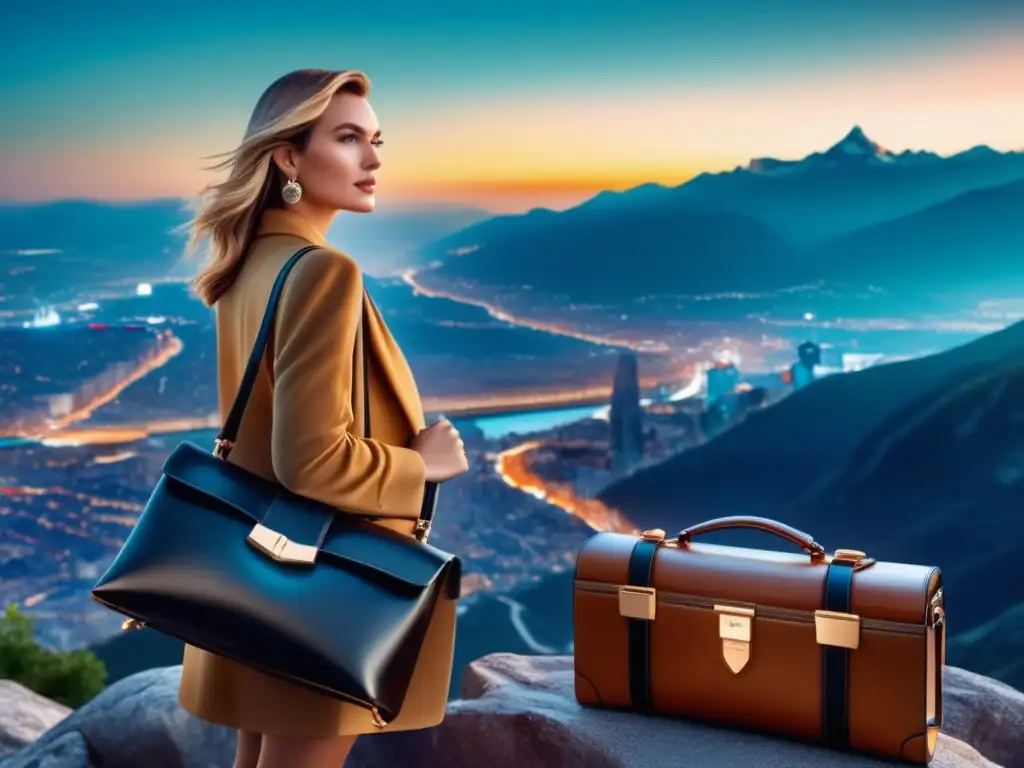 Viajero elegante con ciudad y relojes Viajar con estilo: imagen impresionante de un viajero elegante en una montaña, con una ciudad vibrante al fondo, relojes y un bolso de cuero chic