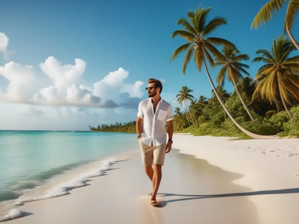 Moda masculina para viajes tropicales en paradisíaca playa