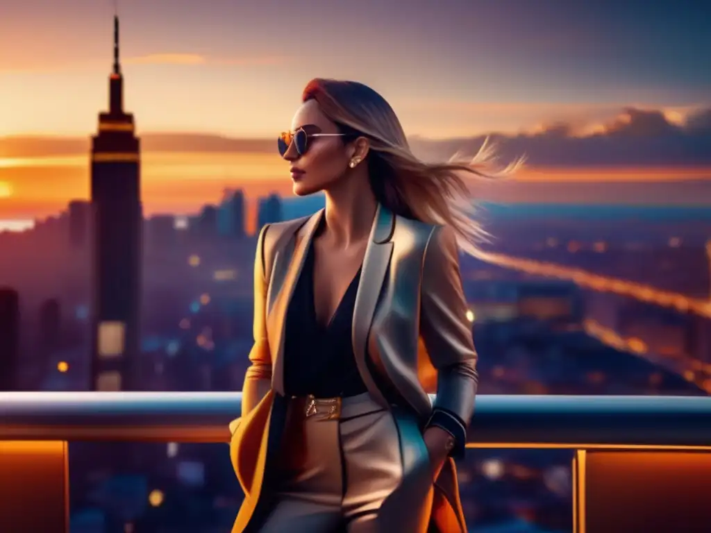 Viajero elegante en terraza con vista a la ciudad Un viajero elegante en una terraza con vista a la ciudad, capturando el encanto de viajar con estilo