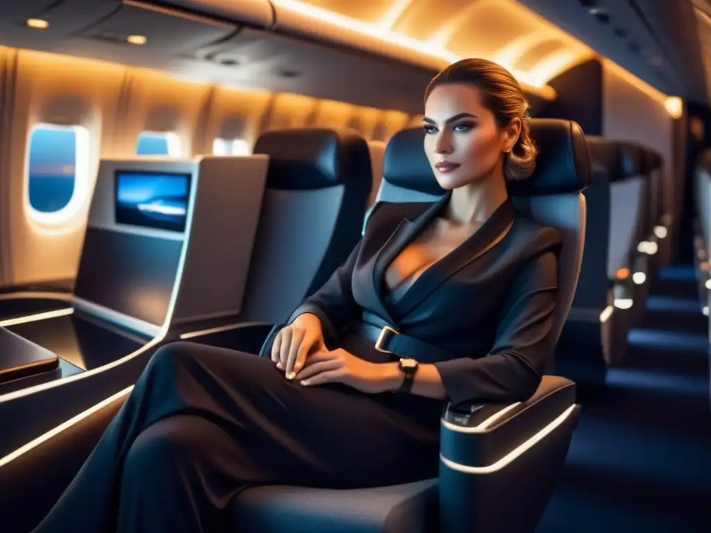 Ropa cómoda para vuelos nocturnos: pasajero elegante en amplia cabina de avión