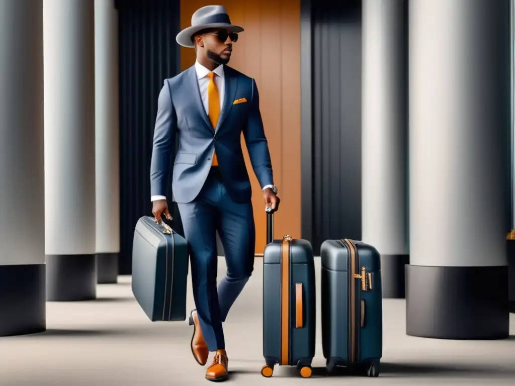 Viajero elegante con lujoso equipaje Consejos para viajar con estilo: elegante viajero frente a lujoso set de equipaje