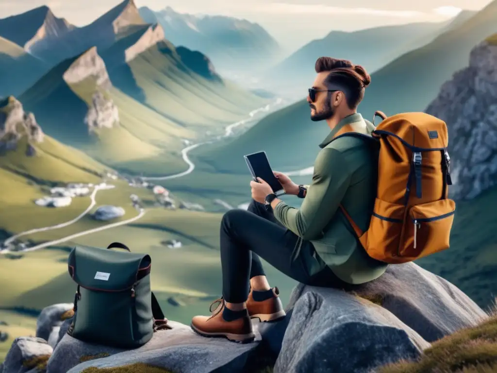 Viajero elegante en paisaje montañoso Consejos para mantener estilo en viajes de mochilero