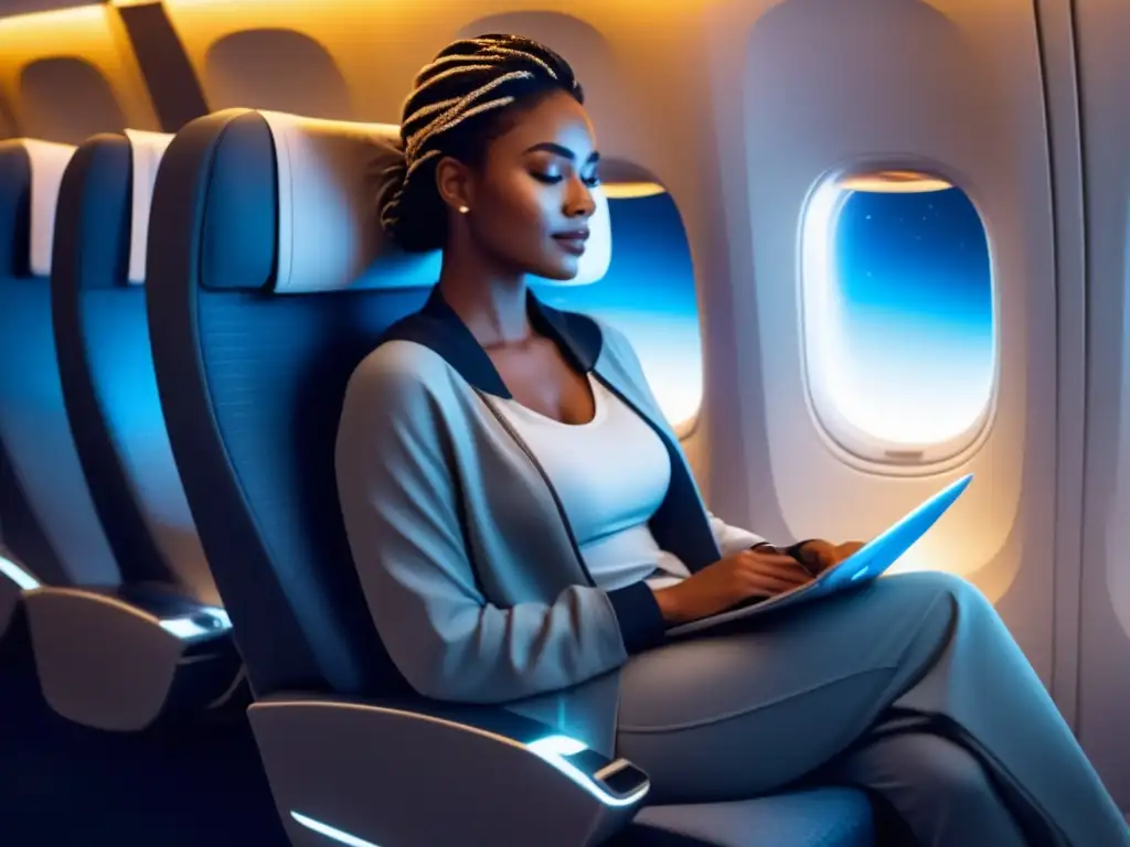 Ropa cómoda para vuelos nocturnos: viajero elegante en asiento de avión, atuendo versátil y relajado, expresión tranquila