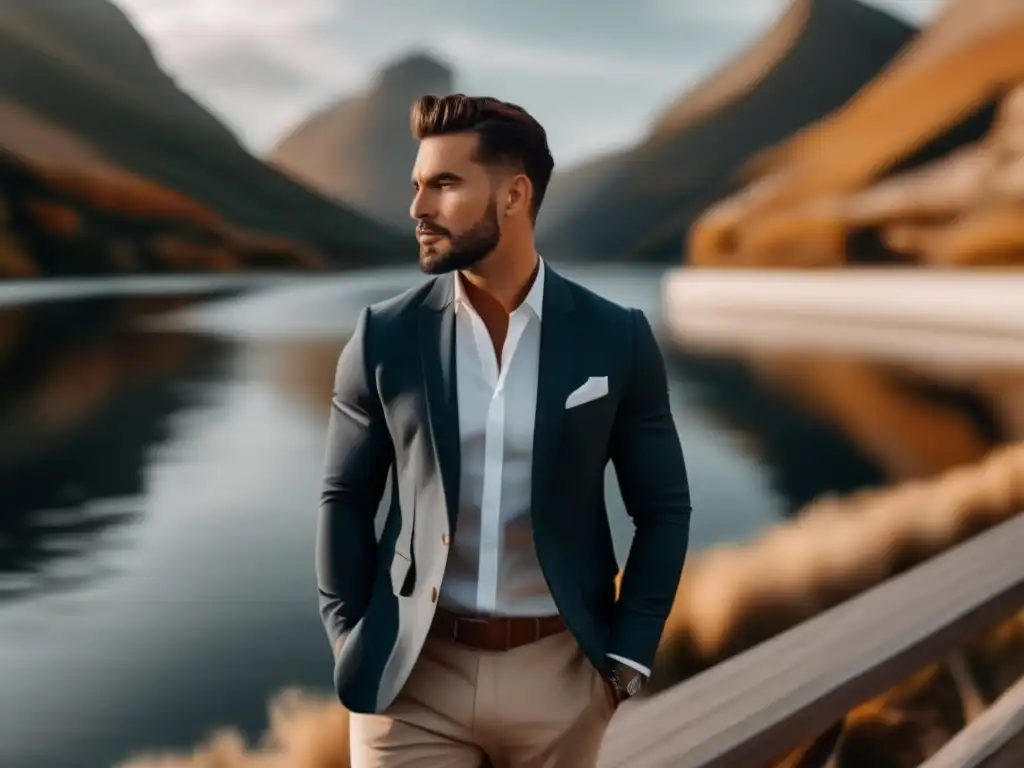 Viajero elegante frente a paisaje impresionante Consejos de moda masculina para viajar: Viajero elegante en un hermoso escenario