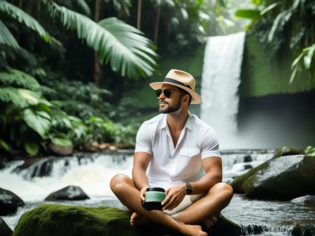 Viajero masculino disfrutando de una cascada en la selva Un viajero masculino disfrutando de un refrescante cuidado de la piel en una cascada tropical