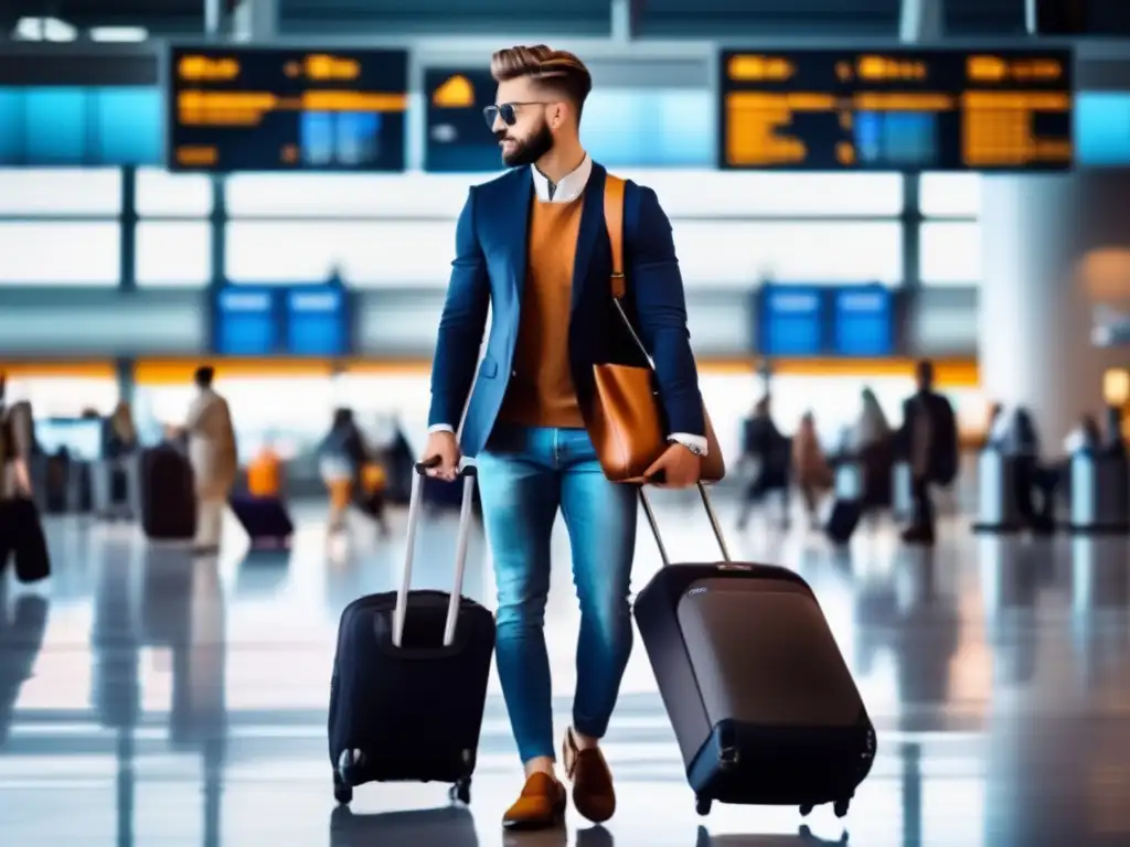 Viajero elegante en aeropuerto con maleta y pase de abordar Viajero elegante con equipaje de mano y tarjeta de embarque, representando la elección entre equipaje de mano y facturado