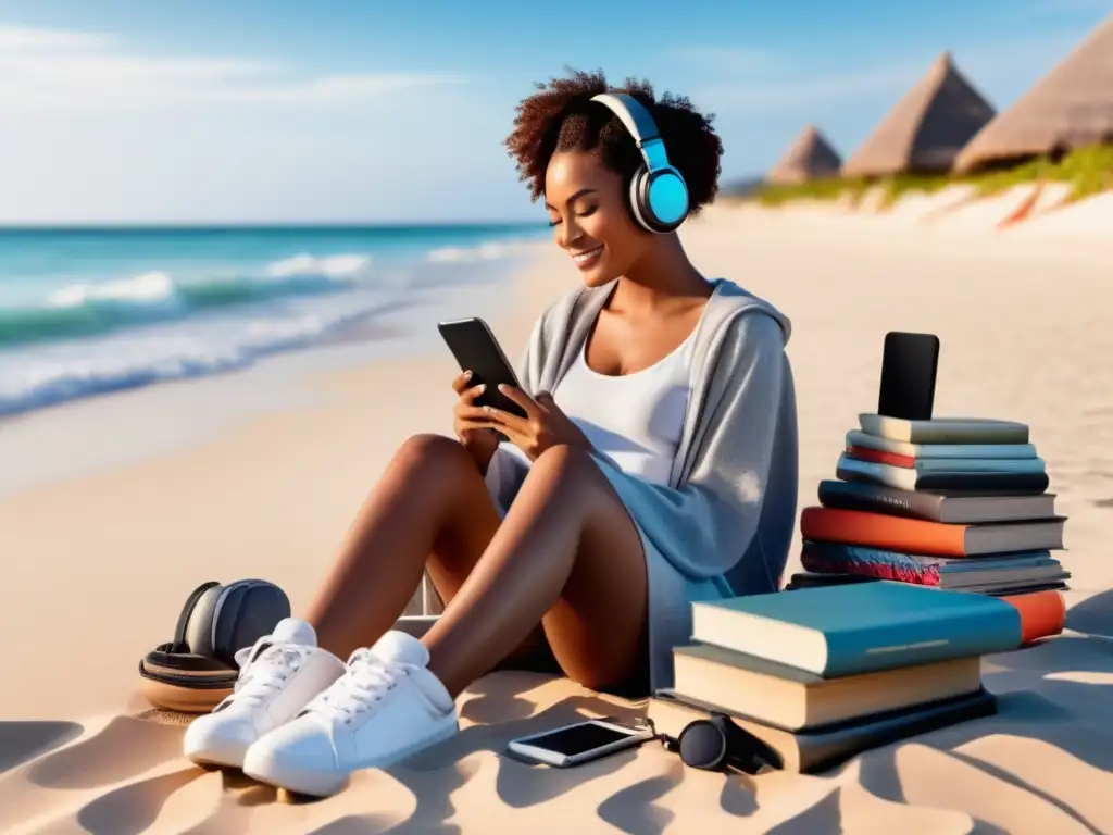 Viajero moderno disfrutando de la playa y sus elementos esenciales Imprescindibles para viajero moderno en la playa