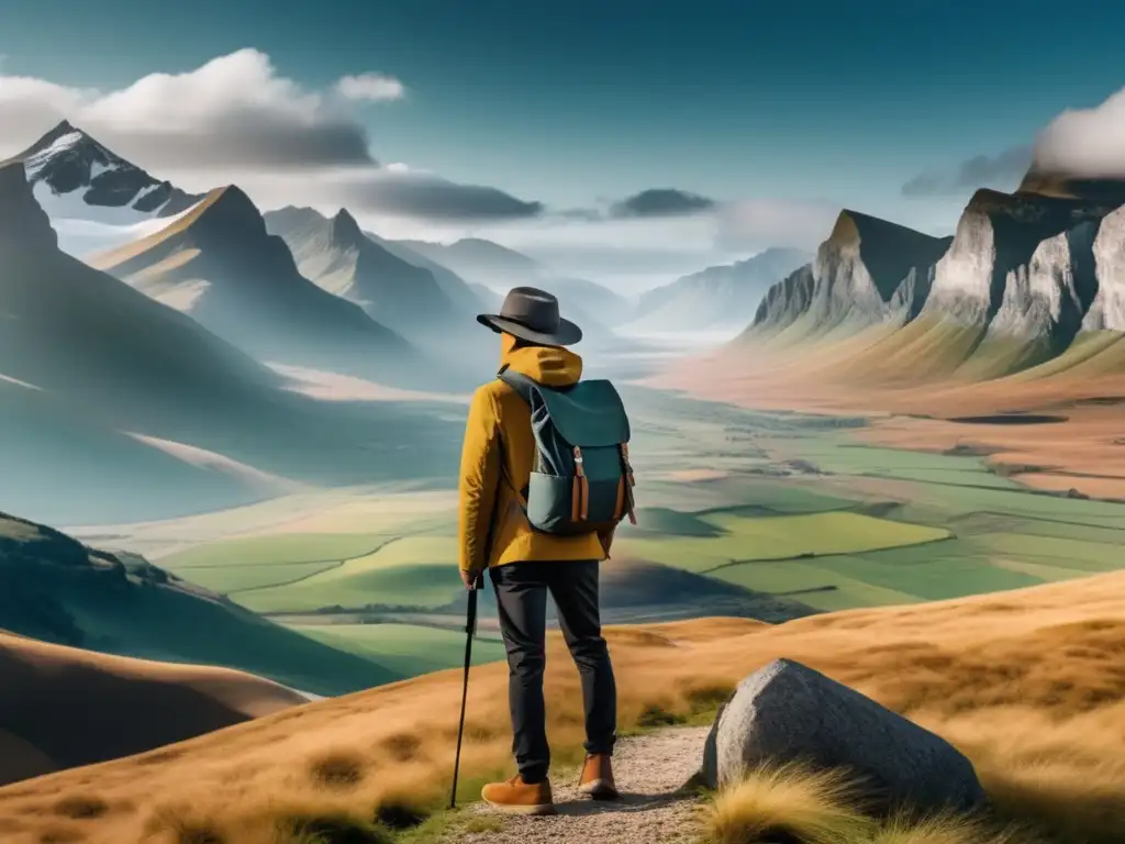 Viajero moderno con paisaje impresionante Imprescindibles para viajero moderno: paisaje espectacular y elegante viajero con outfit versátil y accesorios prácticos